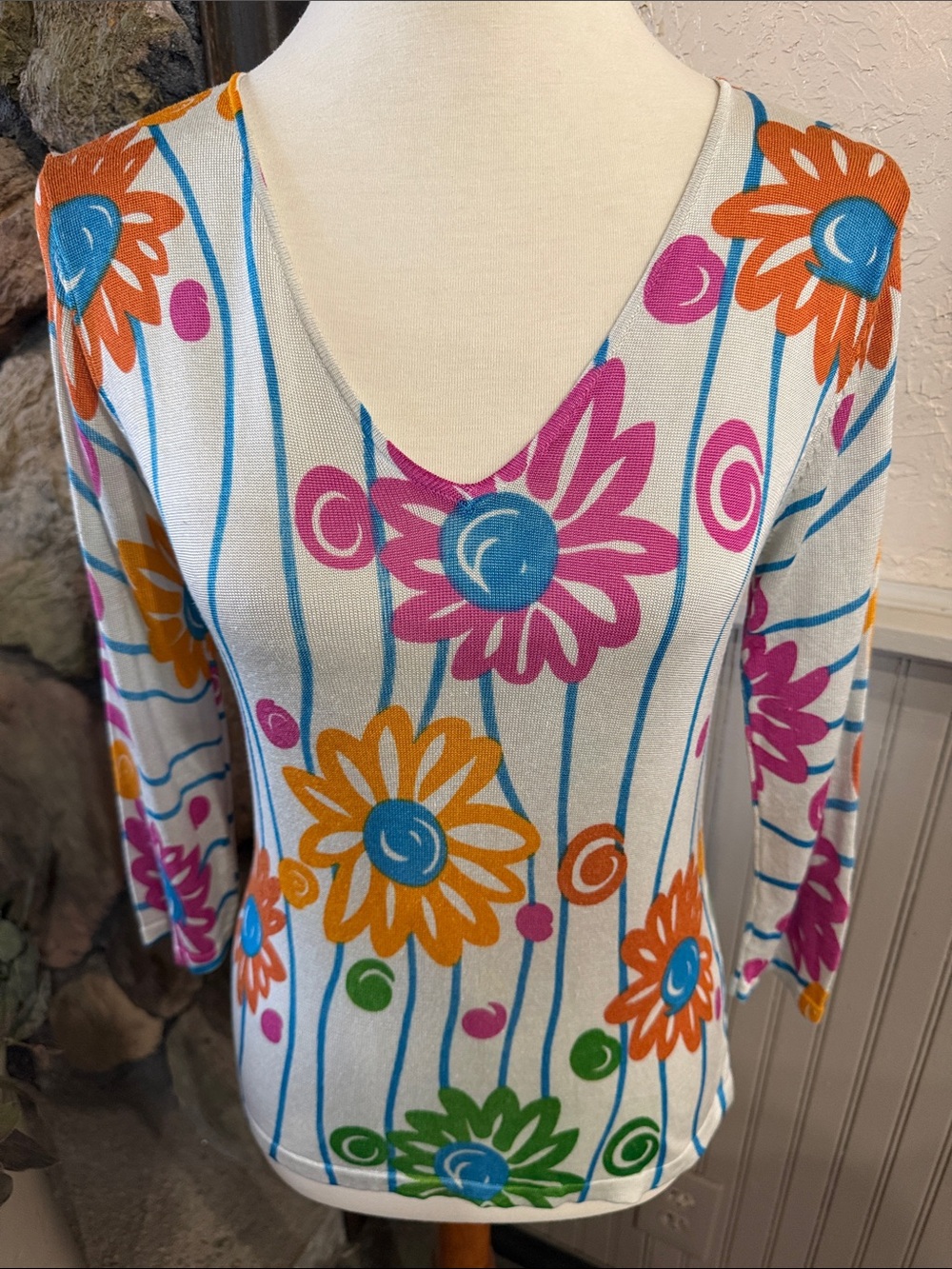 Joseph Floral V-Neck Top in White with Pink, Orange, Blue and Green Flowers - Picture 1 of 6